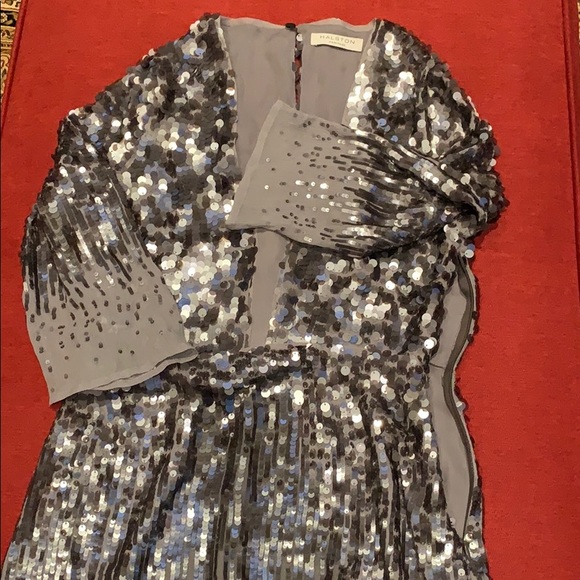 Halston Heritage Satin-trimmed sequined wrap dress
